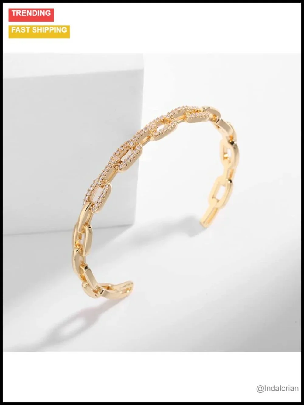 14K Gold Moissanite Open Bangle Bracelet for Women, Geometric Chain Cuff,